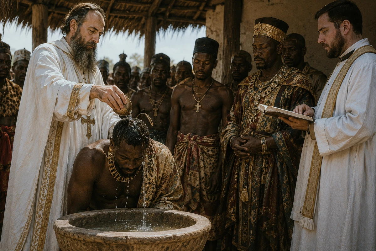 Father Gonçalo da Silveira baptizing the Monomotapa king in 1561 at the king's capital, deep in the interior of southeastern Africa.